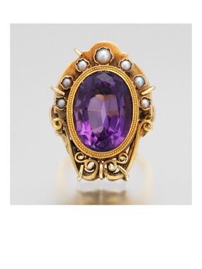 Victorian 14k Amythyst and Seed Pearl Ring 9.3 grams, Size 5.5